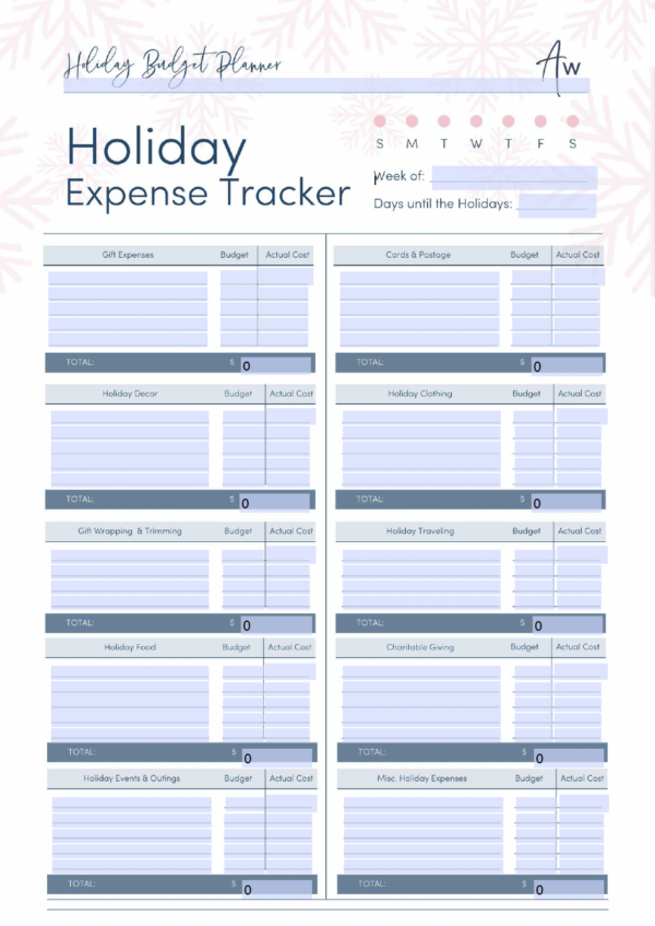 holiday expense tracker printable